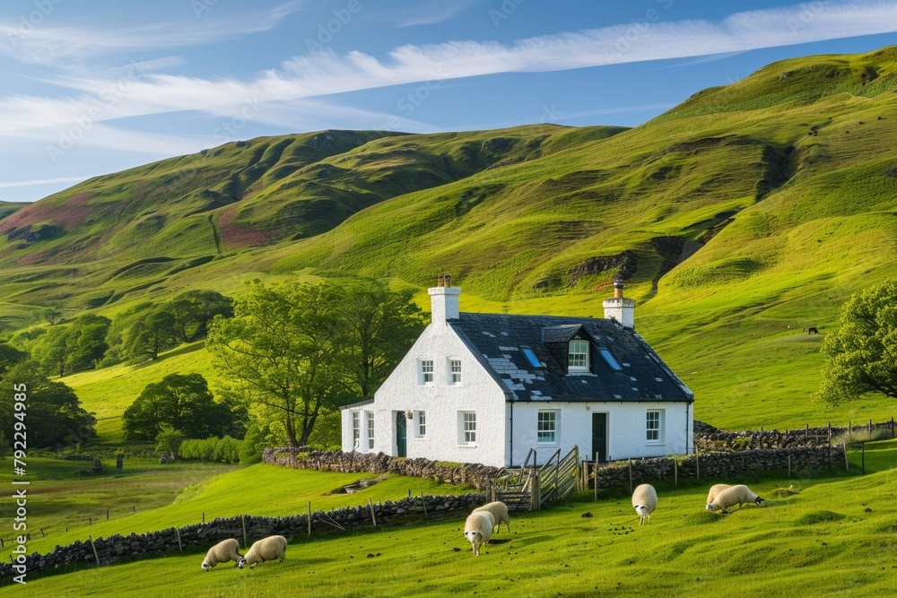A picturesque cottage nestled among the hills.