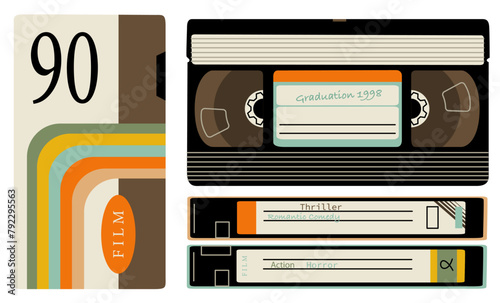 A set of videotapes from different angles. Recording films and memories on analog media. Elements from the 90s in a modern flat style. Vector illustration isolated on transparent background.