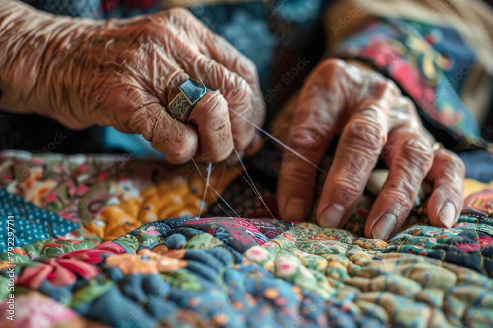 Close up of hands sewing on a patchwork quilt Close up of hands sewing on a patchwork quilt