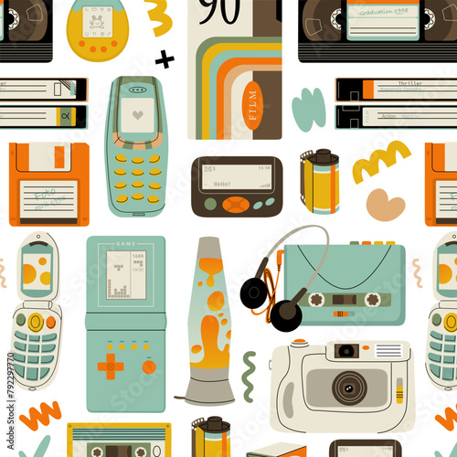 Seamless pattern of y2k gadgets. Elements from the 90s in a modern style. Vector illustration isolated on transparent background.