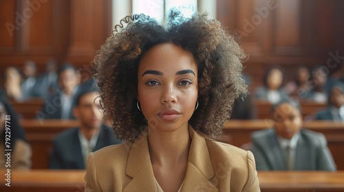 Black women lawyers actively support defendants' rights in court before judges and juries. Conceptual lawyer, advocate, defender, justice, courtroom. photo