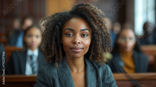 Black women lawyers actively support defendants' rights in court before judges and juries. Conceptual lawyer, advocate, defender, justice, courtroom.