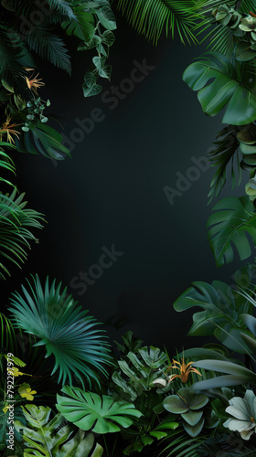 jungle foliage across lower space and right side with blank space  black background