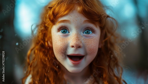 Joyful Wonder: Surprised Irish Redhead Freckle-Faced Girl with Wide Eyes