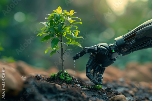 Close up of robotic fingers delicately watering a young tree symbolizing hope and renewal with soft morning light