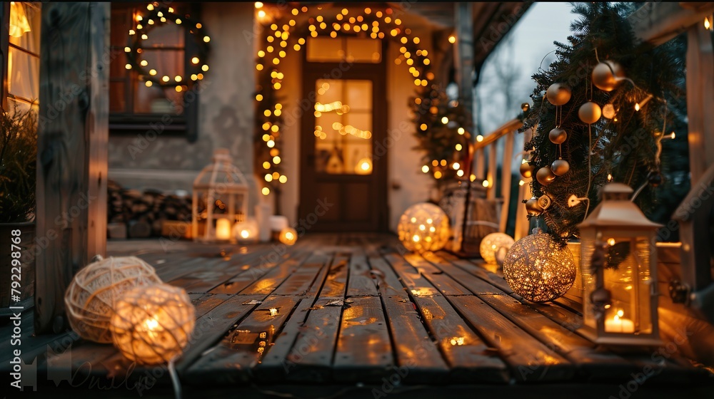 A wooden porch is decorated with lights and Christmas ornaments.