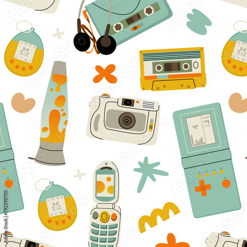 Seamless pattern of y2k gadgets. Elements from the 90s in a modern style. Vector illustration isolated on transparent background.