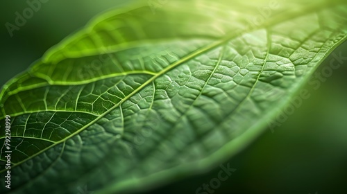 A soft focus on the exuberant texture of a leaf, in a green abstract background, offers a close-up nature image.