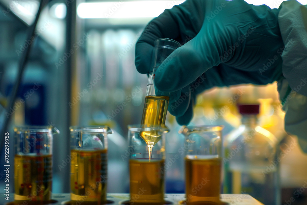 Close up the hand of Scientist takes samples of factory wastewater in a test tube for analysis in lab. Banner size Close up the hand of Scientist takes samples of factory wastewater in a test tube for analysis in lab. Banner size