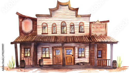 Watercolor illustration of a western saloon isolated. photo