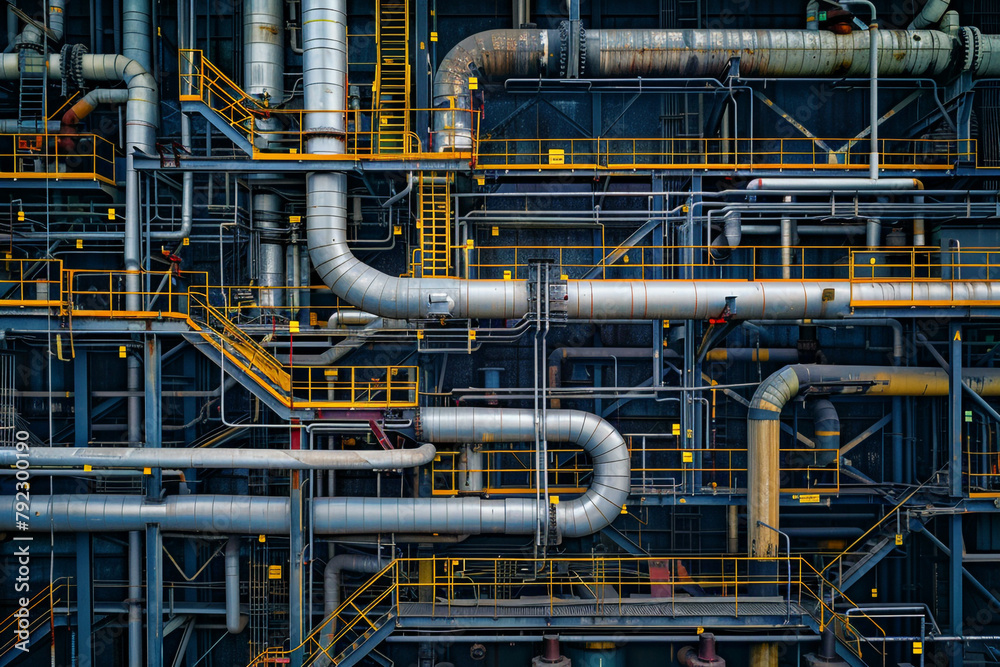 Close view of a refinerys complex piping