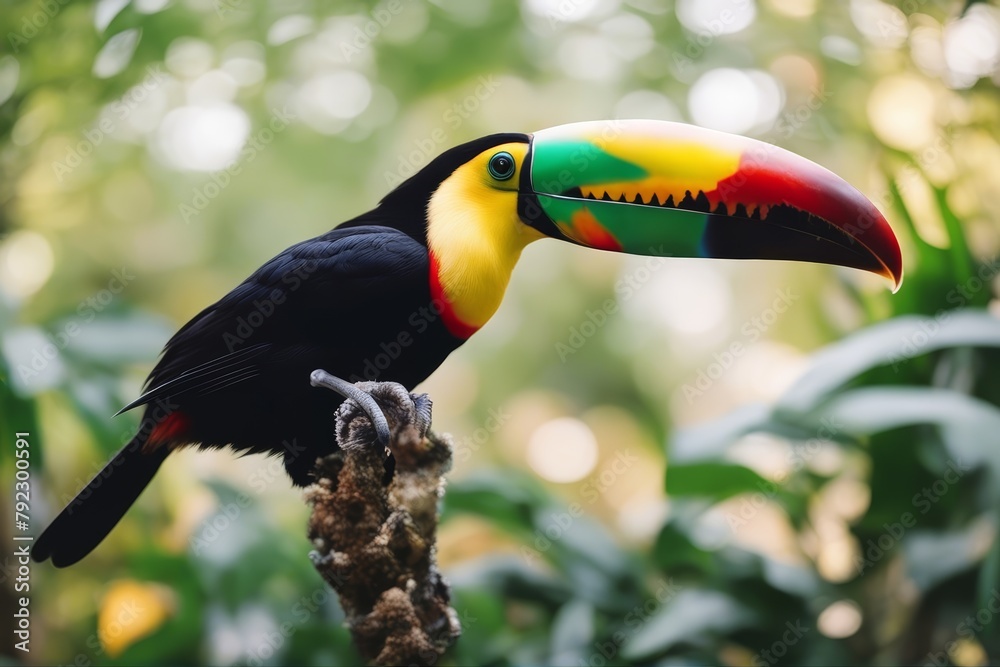 Obraz premium 'colorful toucan bird costa colombia rainforest beak colourful rain venezuela fly america latin park tropical green conservation red central yellow tree feather outside keel black protection forest'