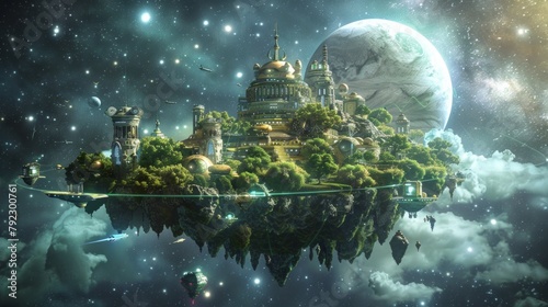 A fantastical island floating in space, Wonder and Joy theme, AI Generative © sorapop