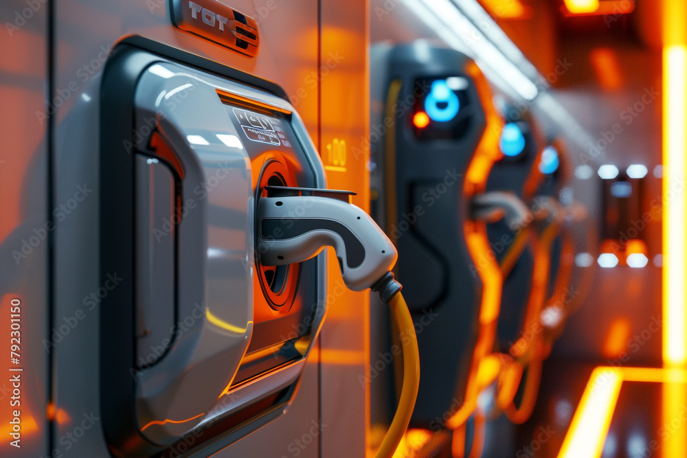 Close-up of a 3D concept of an electric vehicle charging station 