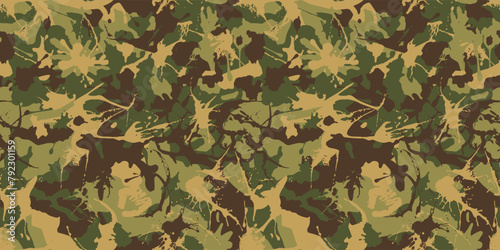Grunge stroke camouflage, modern fashion design. Camo dry brush military pattern. Army uniform, fashionable fabric print. Vector seamless khaki green texture