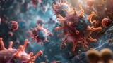 Close-up render of cells clashing with invading viruses and bacteria, a vivid illustration of microbiological warfare, AI Generative