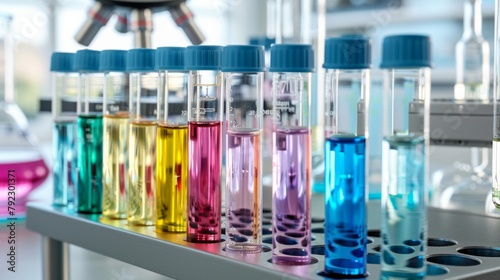 Close-up of test tubes in a science lab, each containing different colored solutions, AI Generative