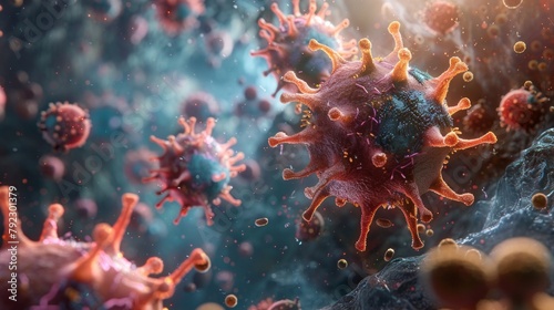 Close-up render of cells clashing with invading viruses and bacteria, a vivid illustration of microbiological warfare, AI Generative © sorapop