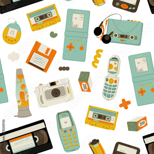 Seamless pattern of y2k gadgets. Elements from the 90s in a modern style. Vector illustration isolated on transparent background.