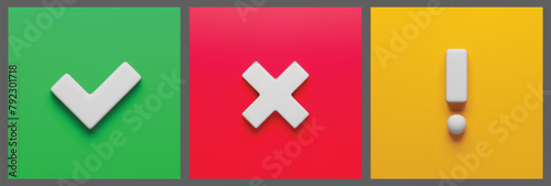 Acceptance, rejection and attention 3d square buttons set. Right, wrong and exclamation caution check marks. Tick, cross, exclamation point three-dimensional rendering vector illustration