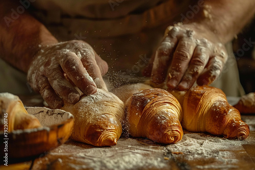 Close-up of a baker's hands shaping dough for croissants, with flour-dusted wooden surface and rustic kitchen tools