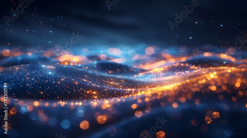 Blue and gold glowing particles swirling in the sky, creating an abstract background with starry night sky. The background features a starfilled blue sea, with golden sparkles shining on it. photo