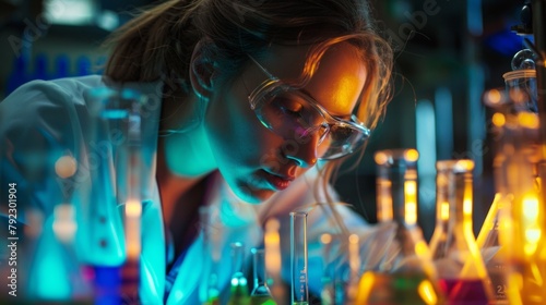 Surrounded by bubbling flasks and colorful solutions a female chemist leans in close to closely examine a test tube her hand steadying the flame of a Bunsen burner. . photo