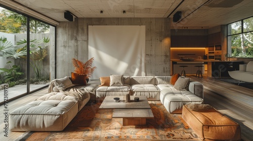 Stylish living room with modern furniture. Blank poster on concrete wall