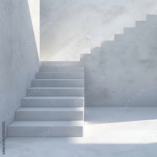 Create a 3D rendering of minimalistic stairs ascending a white wall, with shadows creating an illusion of depth. This design should focus on the elegance of simple forms, AI Generative