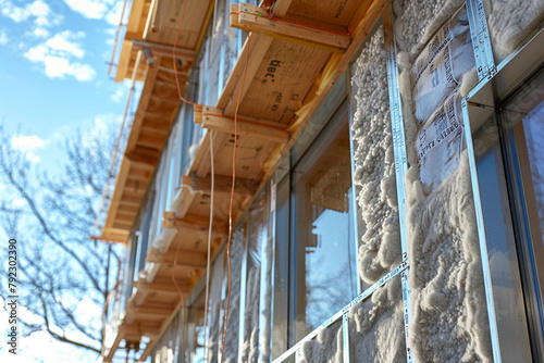 Close-up of a building facade under construction, with a focus on the cladding and insulation materials