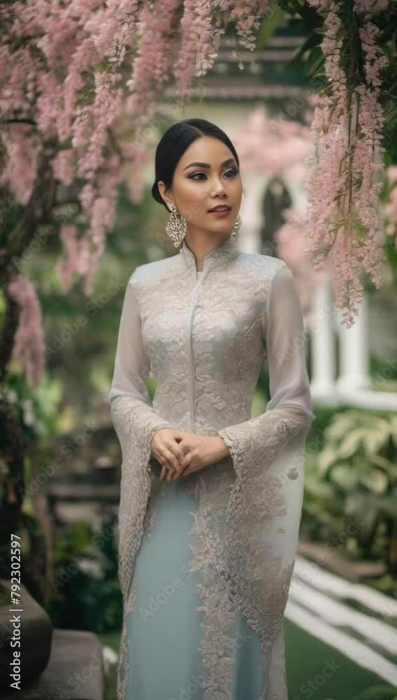 a young Singaporean woman in traditional Singaporean kebaya with intr