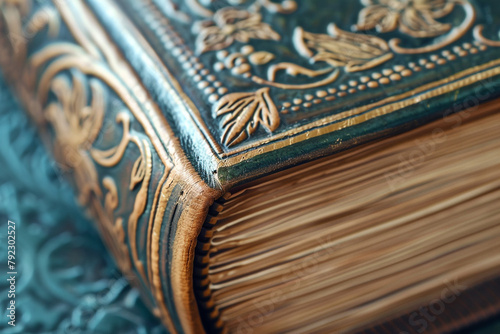 Close-up of a book spine with intricate designs focus on the beauty and craftsmanship of bookbinding
