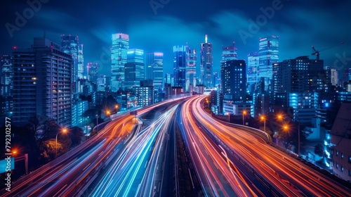 Dynamic urban lights, long exposure reveals swirling trails in the night, an abstract vision of speed and movement, AI Generative