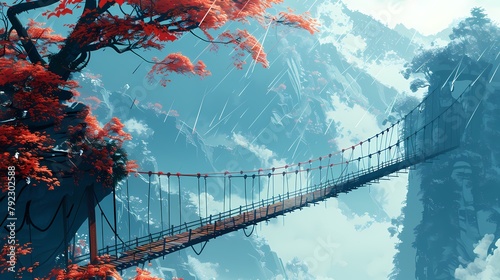 ancient wooden suspension bridge illustration poster background