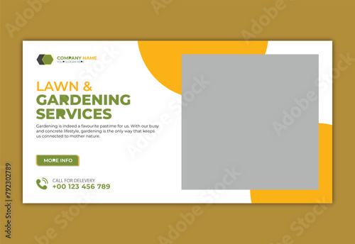 Lawn care and farming service YouTube thumbnail design, modern lawn mower garden, or landscaping service with abstract green and yellow color shapes for social media cover, post, web banner template