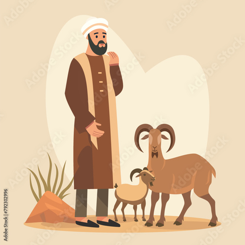 Islamic Arabian Muslim Man with Sheep Goat in Eid Al Adha Celebration