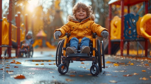Happy child in wheelchair engaging with friends in park, colorful playground equipment, equality and joy, afternoon light, AI Generative