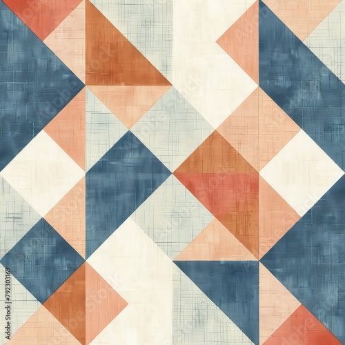 Abstract geometric seamless wallpaper with square and linear patterns in chambray blue, peach fuzz, and burnt orange