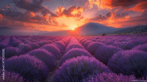 Lavender field basking in sunset's glow, vibrant purples and warm oranges, tranquil, AI Generative