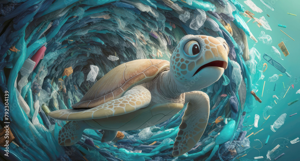 Turtle Sea Pollution Drawind Sea turtle swimming through a dense swirl of single-use plastic ...