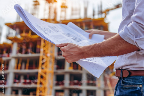 Close-up of a civil engineer's hands examining blueprints at a construction site, with cranes and scaffolding in the background photo