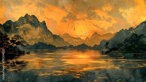 Traditional Chinese style lakeside sunrise scenery illustration poster background