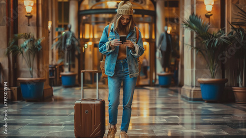 Busy female traveler managing her itinerary on her phone while pulling her suitcase through a hotel lobby, staying organized on the go. photo