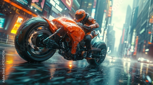 An action scene featuring a man riding a bicycle in a futuristic cyberpunk city. Dynamic scenes with motorcycle riding in a blockbuster style action movie.