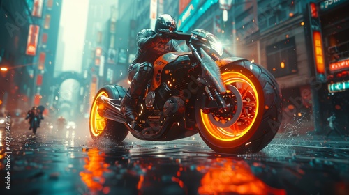 An action scene featuring a man riding a bicycle in a futuristic cyberpunk city. Dynamic scenes with motorcycle riding in a blockbuster style action movie. photo