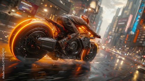 An action scene featuring a man riding a bicycle in a futuristic cyberpunk city. Dynamic scenes with motorcycle riding in a blockbuster style action movie. photo