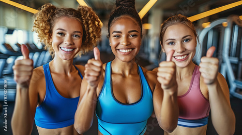 Friends giving thumbs up and congratulating each other on completing a challenging fitness training session at the gym. photo