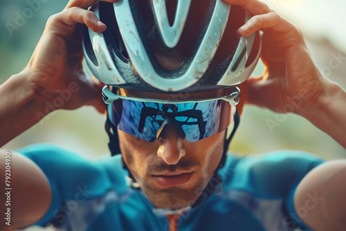 Close-up of a cyclist adjusting the helmet before a ride, safety and anticipation in the action