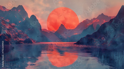 Traditional Chinese style lakeside sunrise scenery illustration poster background #792304950