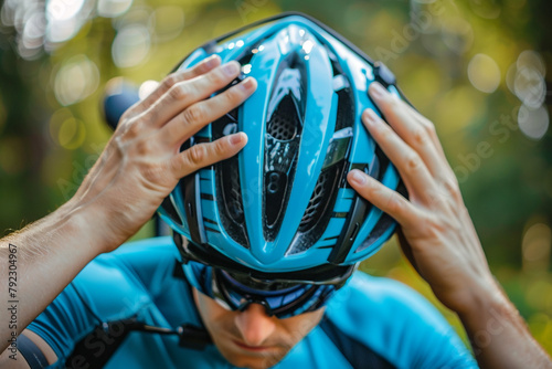 Close-up of a cyclist adjusting the helmet before a ride, safety and anticipation in the action